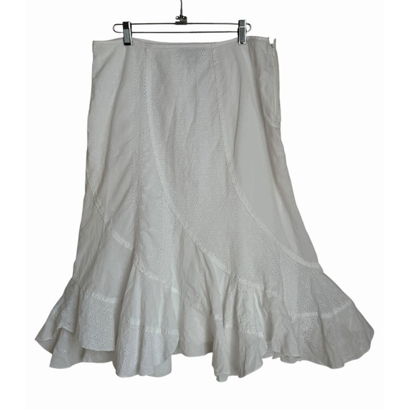 White Eyelet Asymmetrical Midi Skirt Bias Cut Cottagecore Ruffle Hem Coastal L - Picture 2 of 9